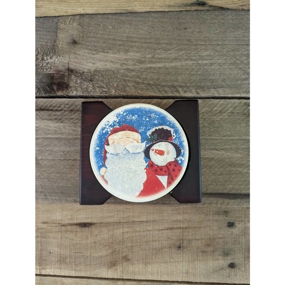 Set of four Stoneware Christmas Snowman & Santa Coasters with wooden holder - Picture 1 of 6